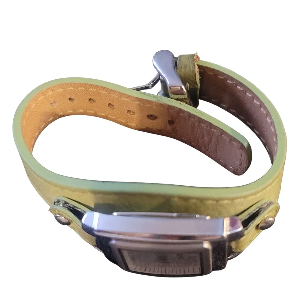 Relic by Fossil‎ Womens Cuff Watch Lime Green Leather Square Silver Tone ZR15339